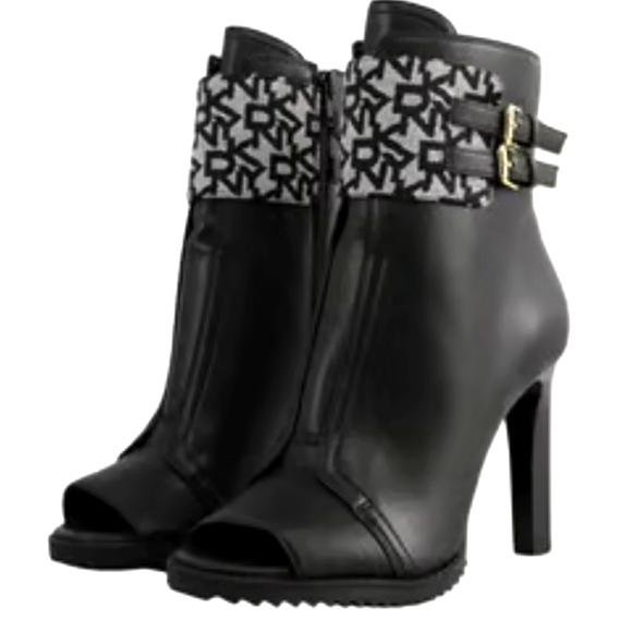 Dkny Shoes - New DKNY Logo peep toe black leather bootie with buckles Size 7.5